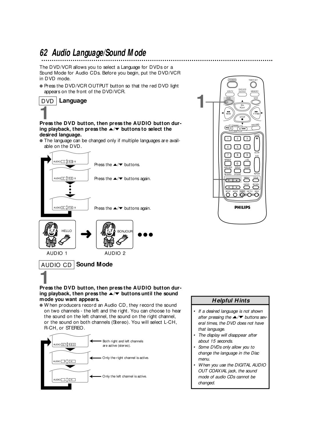 Philips DV900VHS owner manual DVD Language, Audio CD Sound Mode, Press the DVD button, then press the Audio button dur 