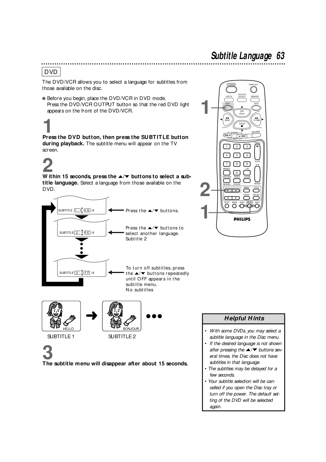 Philips DV900VHS owner manual Screen, Subtitle menu will disappear after about 15 seconds 