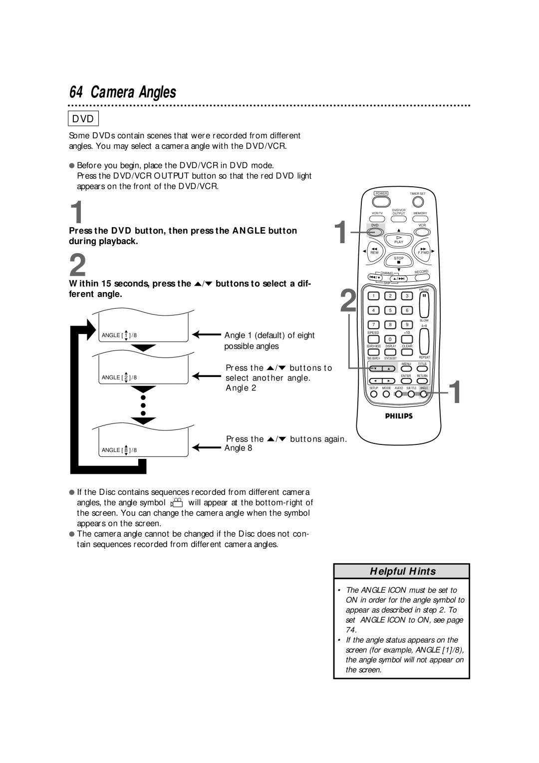 Philips DV900VHS owner manual Camera Angles, Angle 1 default of eight Possible angles 