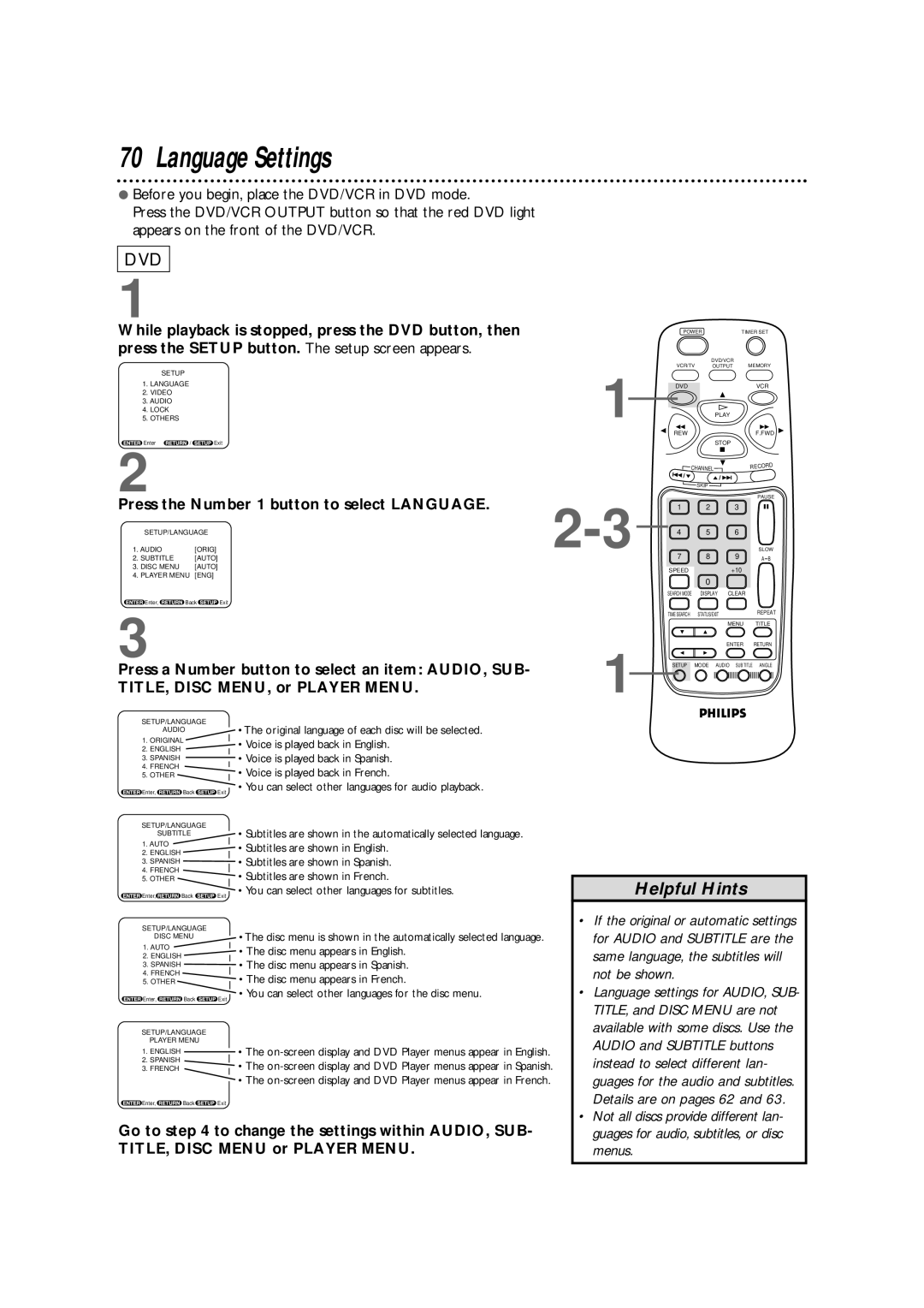 Philips DV900VHS owner manual Language Settings, Press the Number 1 button to select Language, Not be shown, Menus 