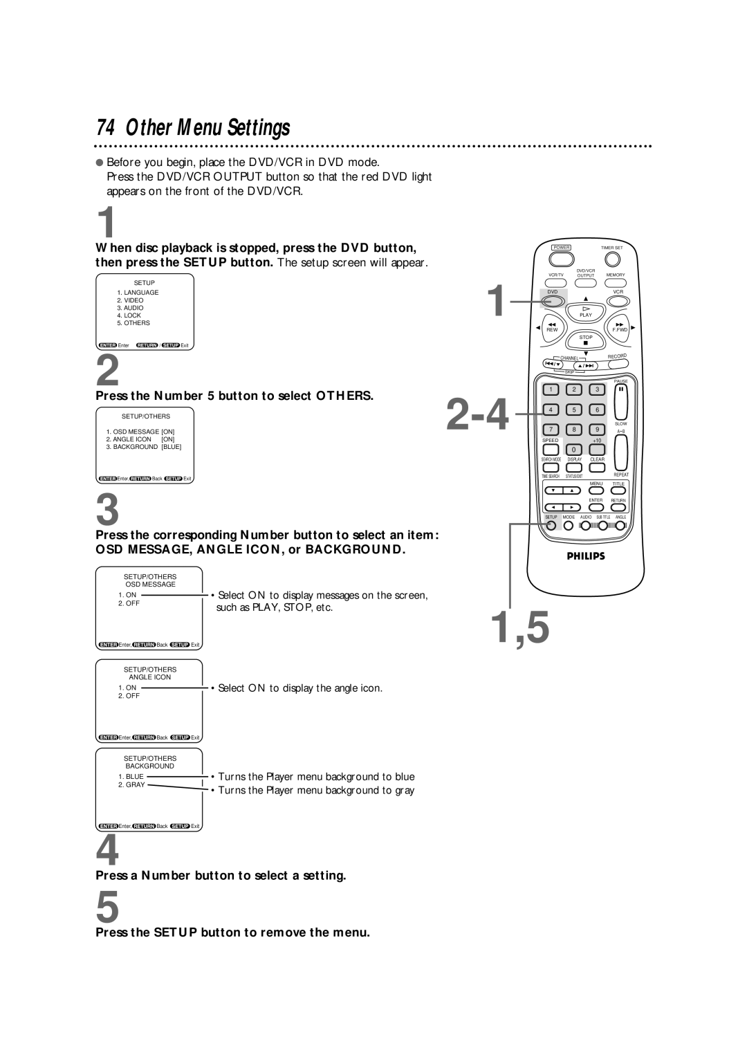 Philips DV900VHS owner manual Other Menu Settings, Press the Number 5 button to select Others 