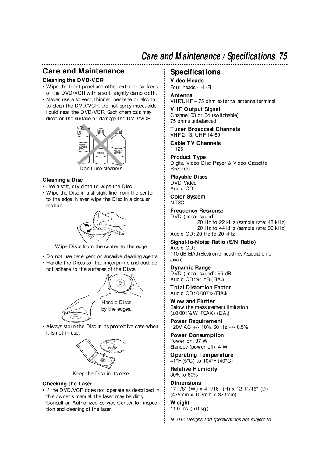 Philips DV900VHS Cleaning the DVD/VCR, Cleaning a Disc, Checking the Laser, Video Heads, Antenna, Playable Discs, Weight 