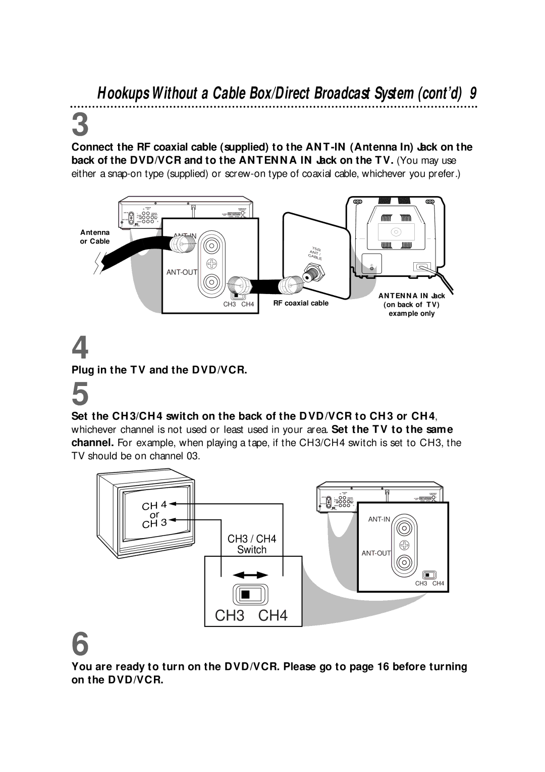 Philips DV900VHS01 warranty Hookups Without a Cable Box/Direct Broadcast System cont’d, Plug in the TV and the DVD/VCR 