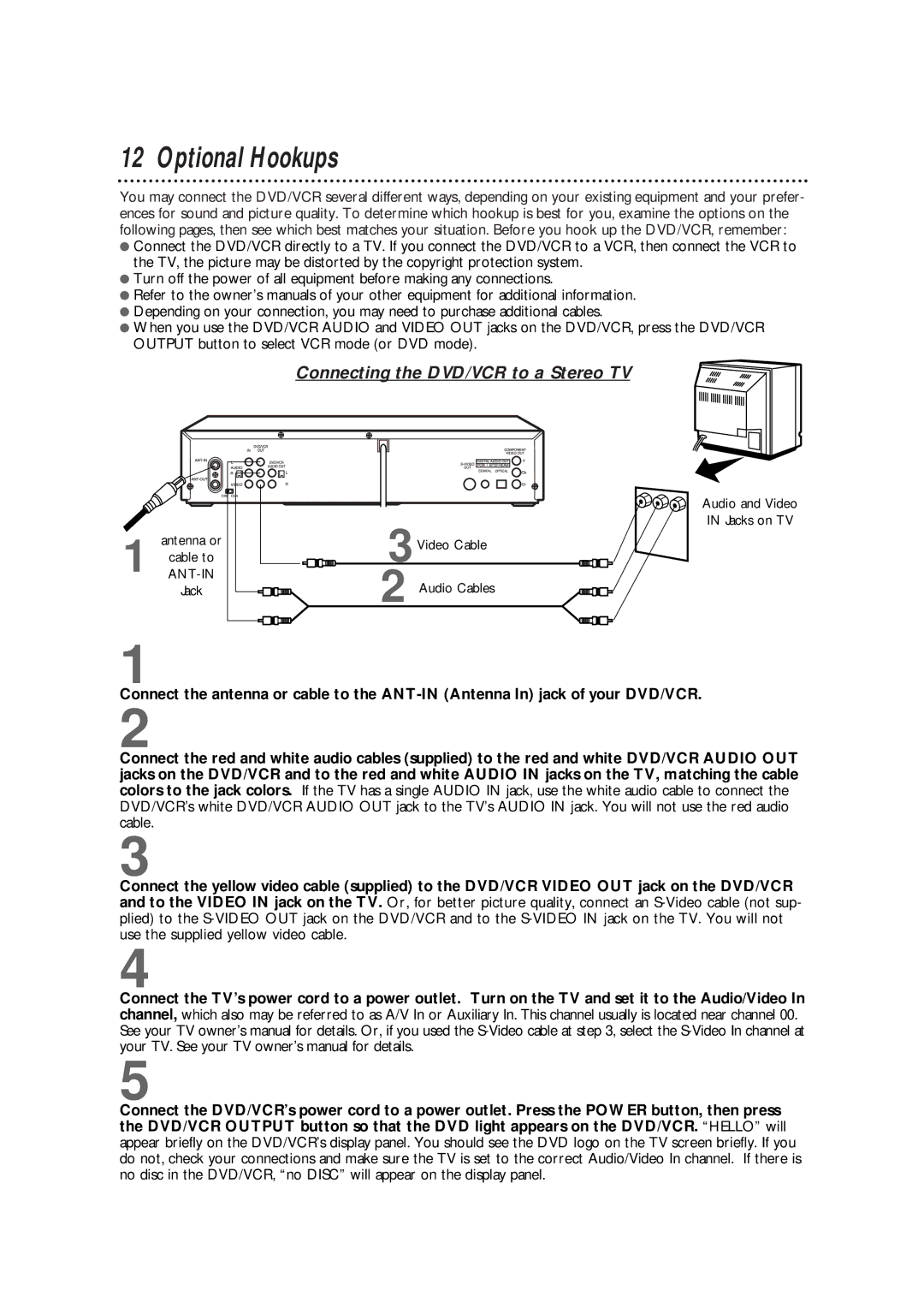 Philips DV900VHS01 warranty Optional Hookups, Connecting the DVD/VCR to a Stereo TV 