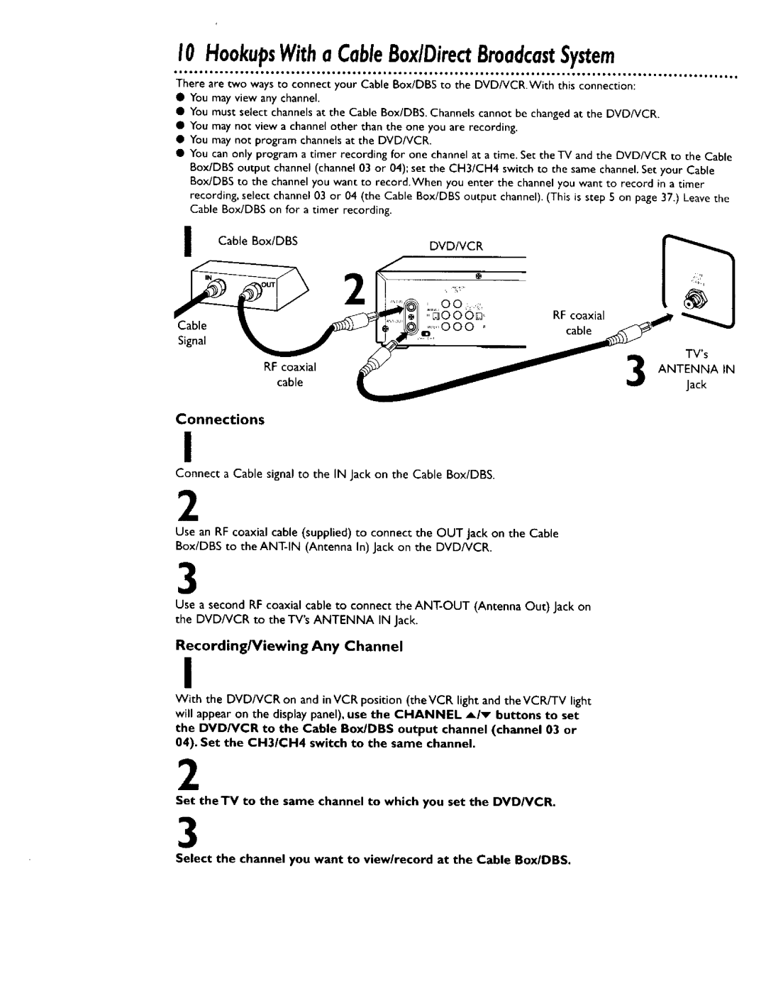 Philips DV900VHS0I owner manual I0 HookupsWitha CableBox/DirectBroadcastSystem, Connections, Recording/Viewing Any Channel 