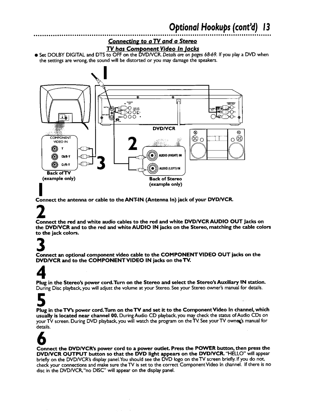 Philips DV900VHS0I owner manual OptionalHookupscontd13, Back of Stereo, Example only 