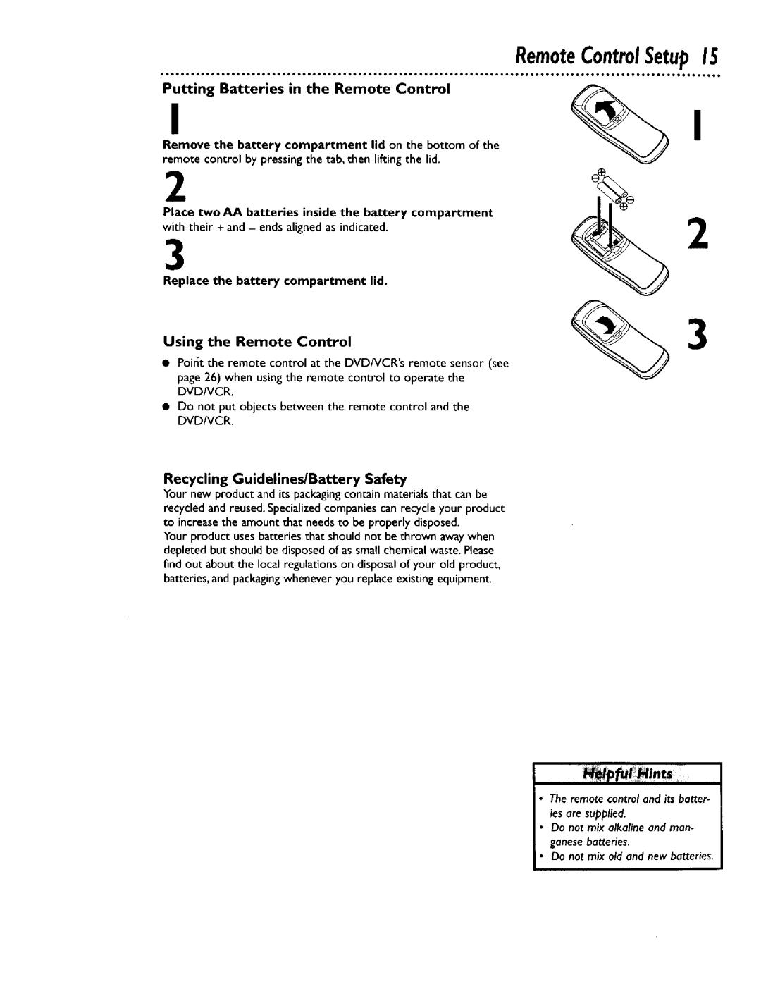 Philips DV900VHS0I owner manual RemoteControlSetup15, Recycling Guidelines/Battery Safety 