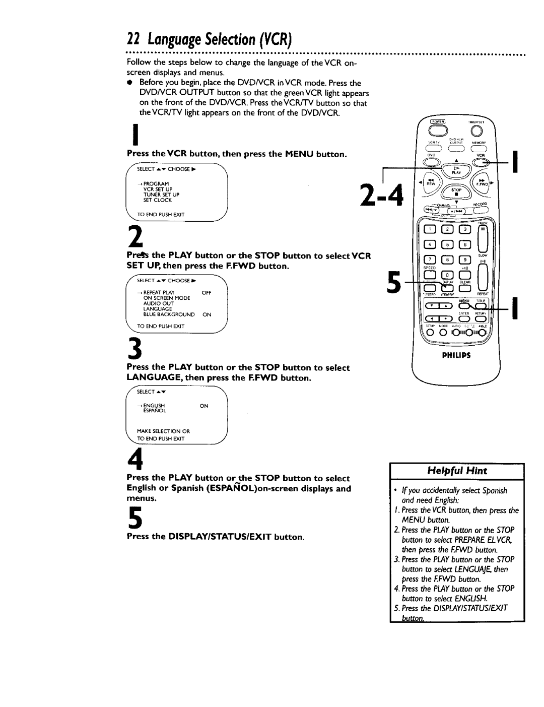 Philips DV900VHS0I owner manual LanguageSelectionVCR, Helpful Hint 