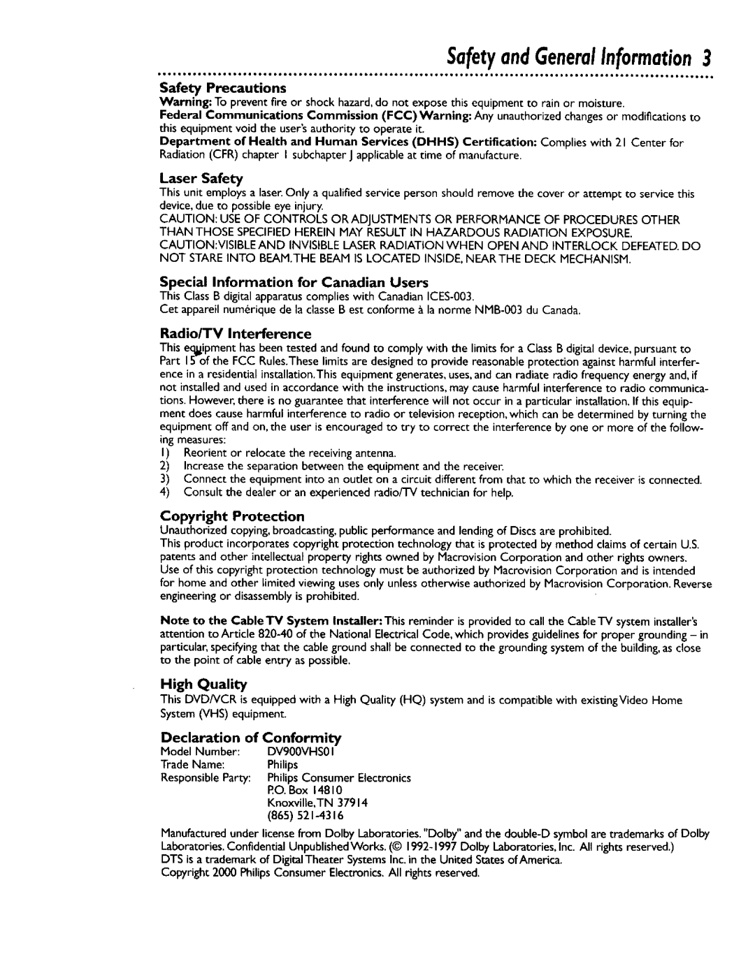 Philips DV900VHS0I Special Information for Canadian Users, Radio/TV Interference, High Quality, Declaration of Conformity 