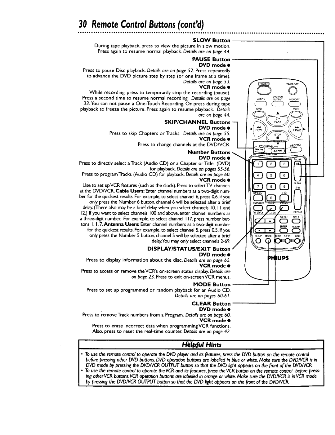 Philips DV900VHS0I owner manual RemoteControlButtonscantd, Slow Button, Pause Button DVD mode 