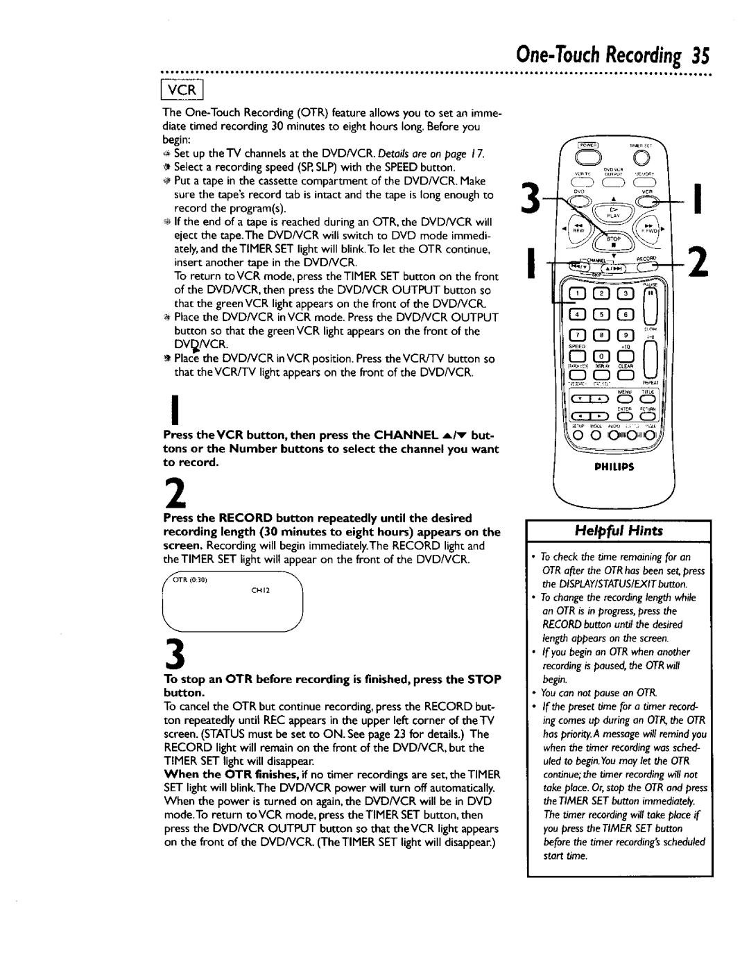 Philips DV900VHS0I owner manual One-TouchRecording35 