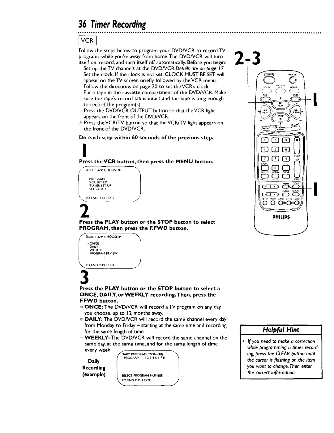 Philips DV900VHS0I owner manual TimerRecording, Daily Recording 