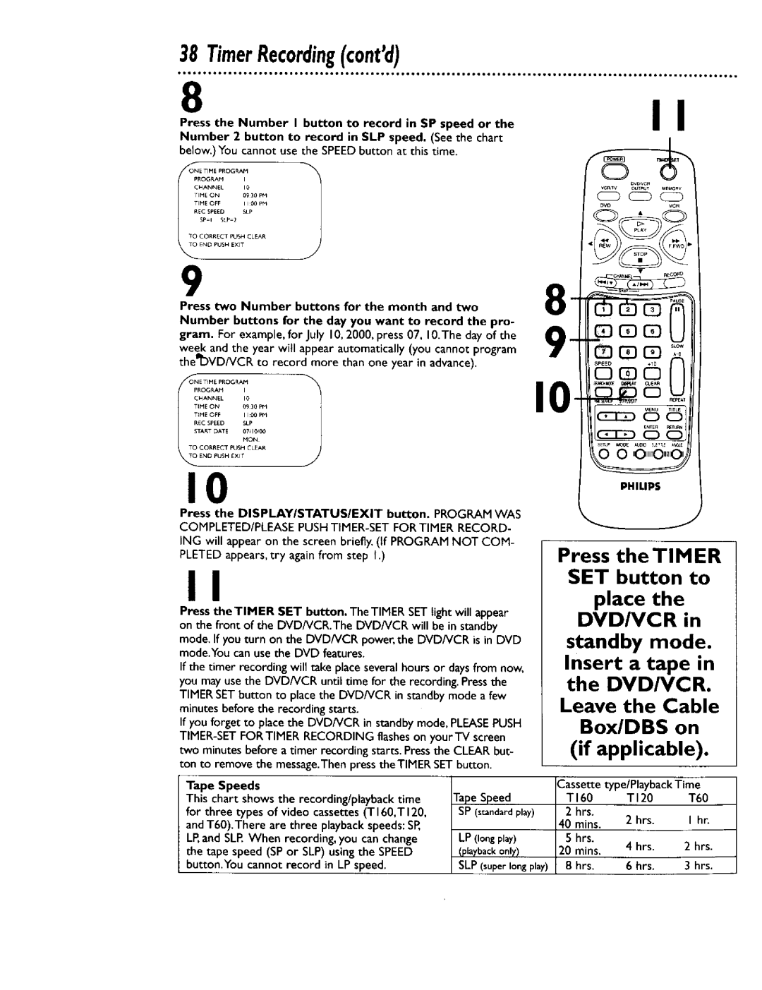 Philips DV900VHS0I owner manual TimerRecordingcontd, Press, Button to record in SP speed or 