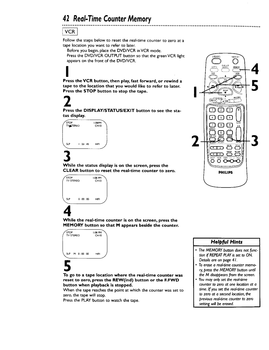 Philips DV900VHS0I owner manual Real-TimeCounterMemory, While the status display is on the screen, press 