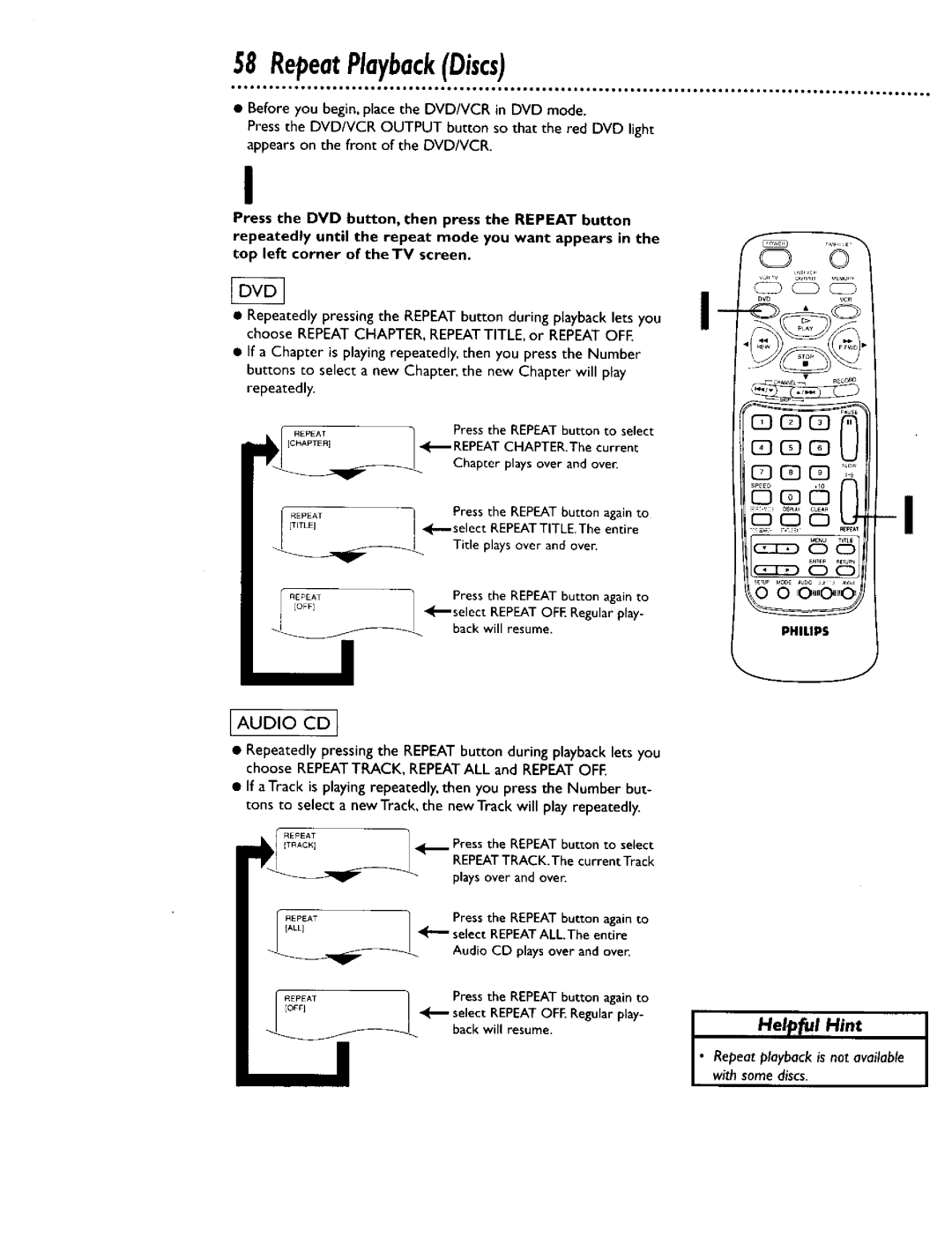 Philips DV900VHS0I owner manual RepeatPlaybackDiscs, Select 