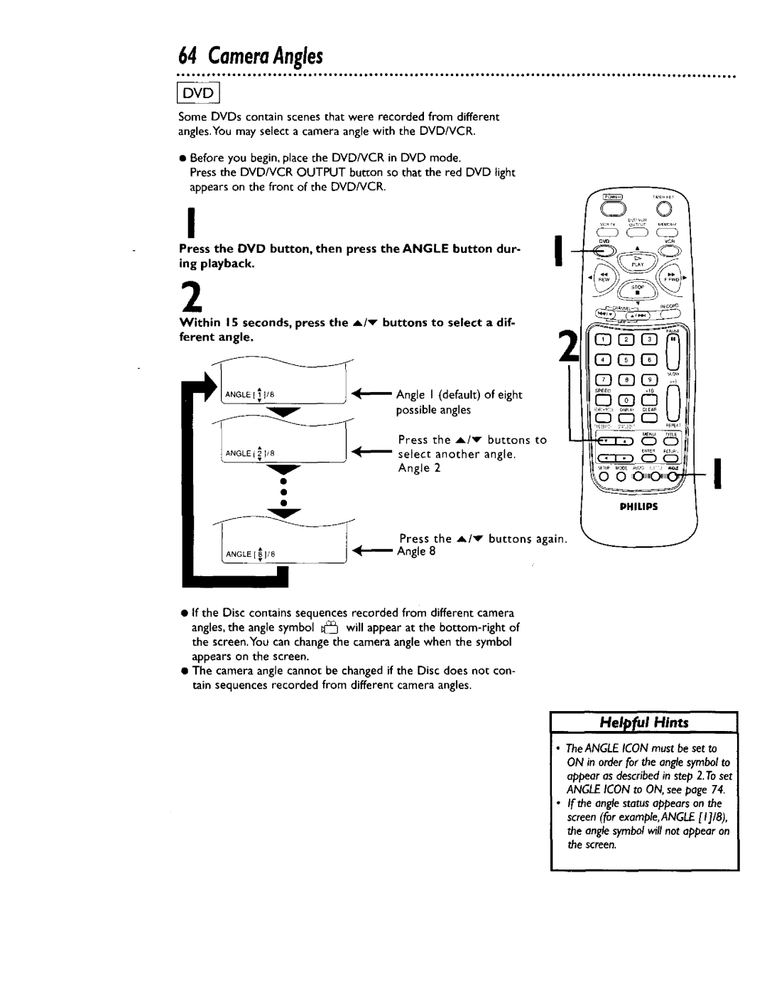 Philips DV900VHS0I owner manual CameraAngles 