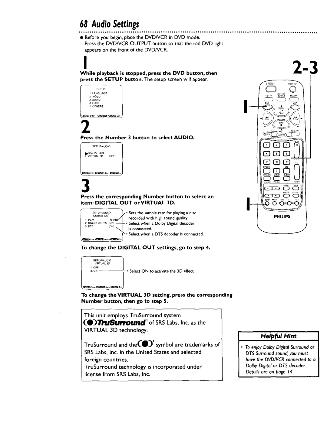 Philips DV900VHS0I owner manual AudioSettings, Press the Number 3 button to select Audio 