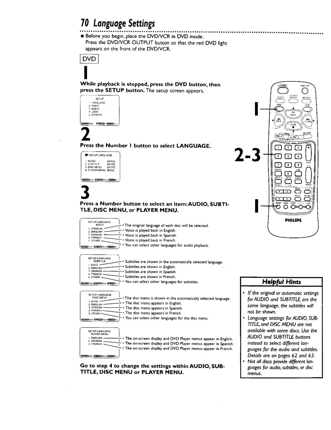 Philips DV900VHS0I LanguageSettings, Press the Number I button to select Language, TITLE, Disc Menu or Player Menu 