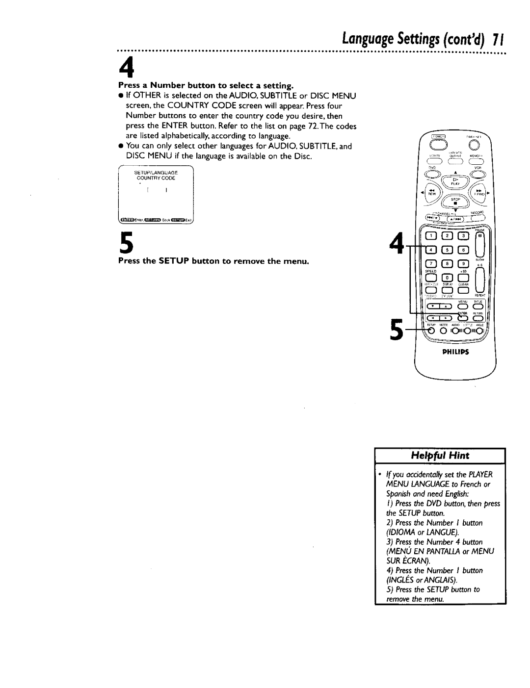 Philips DV900VHS0I owner manual Press a Number button to select a setting, Helpful Hint 