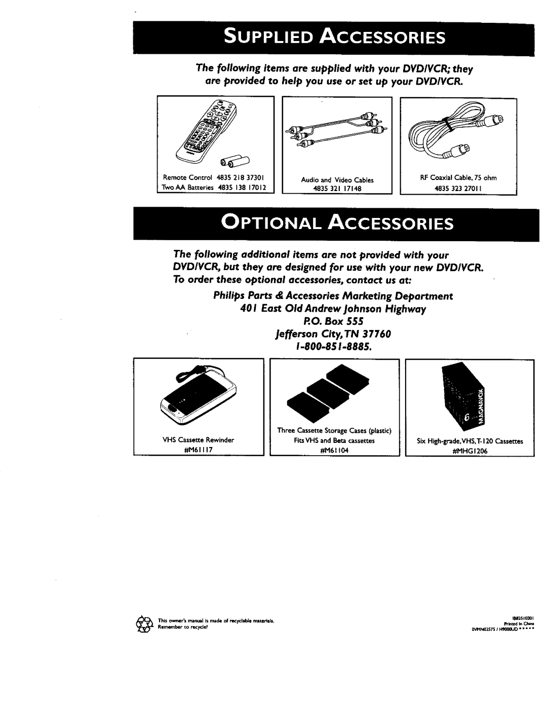 Philips DV900VHS0I owner manual Are provided to help you use or set up your DVD/VCR, RO. Box 