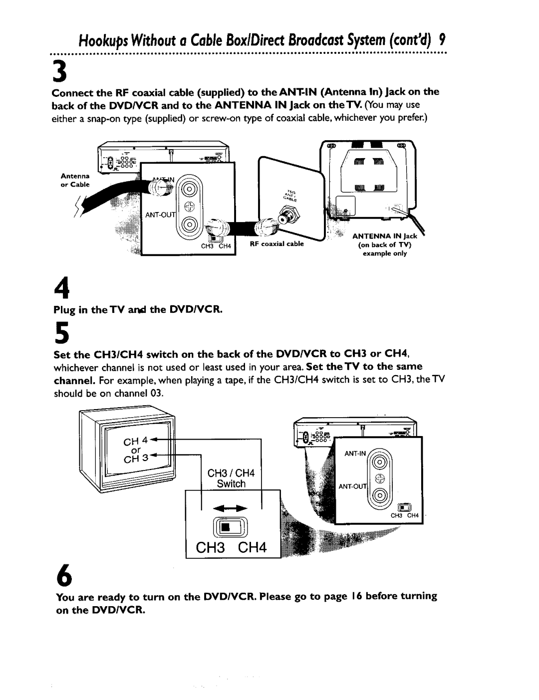 Philips DV900VHS0I owner manual HookupsWithouta CableBox/DirectBroadcastSystemcontd9, Plug in theTV and the DVD/VCR 