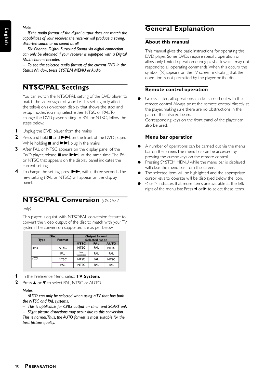 Philips DVD-612/022 manual NTSC/PAL Settings, NTSC/PAL Conversion DVD622, General Explanation 