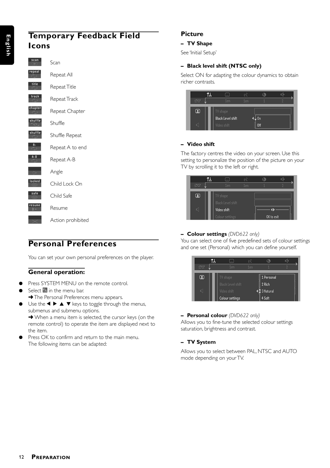 Philips DVD-612/022 manual Temporary Feedback Field, Icons, Personal Preferences, General operation 