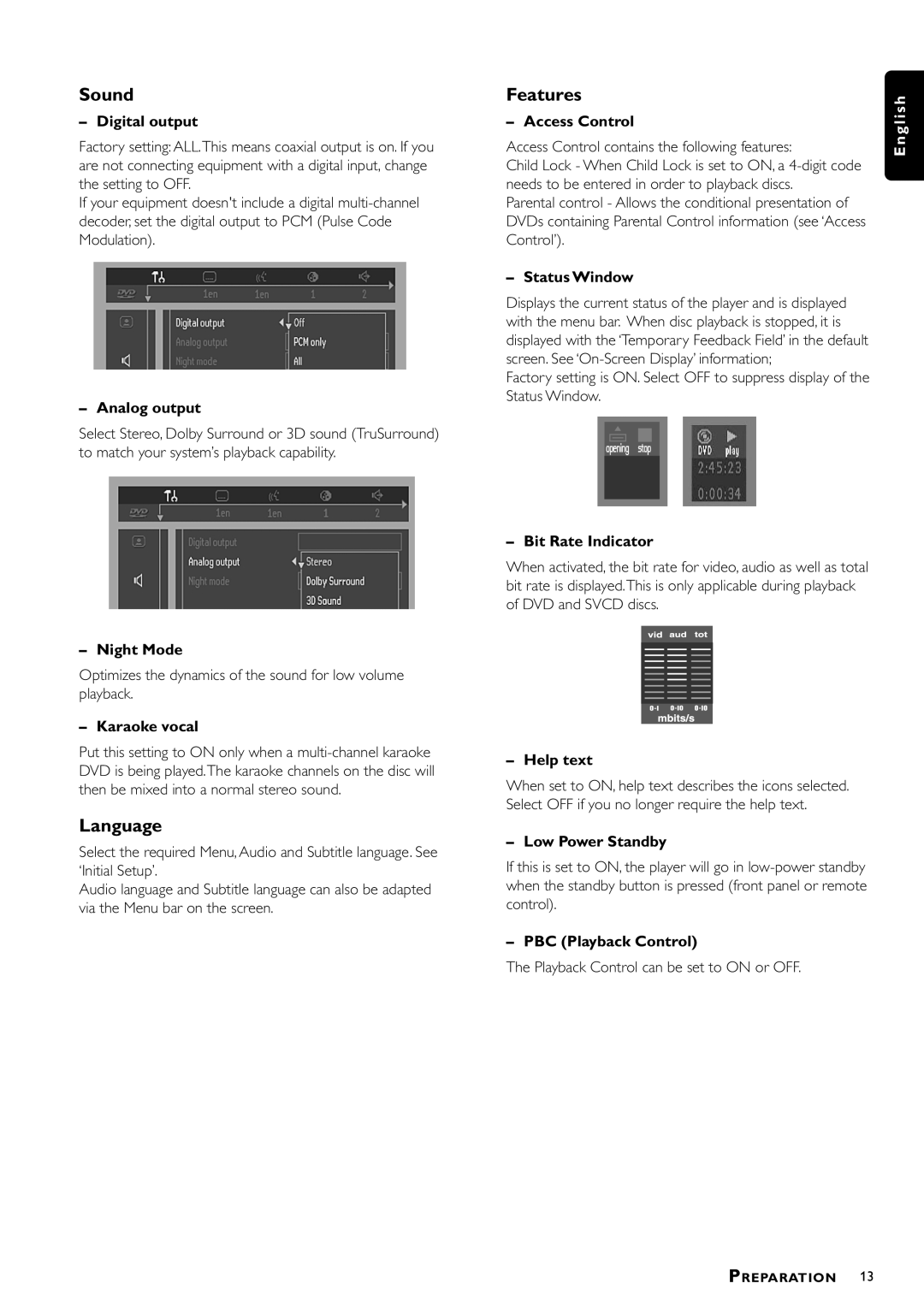 Philips DVD-612/022 Digital output, Analog output, Night Mode, Karaoke vocal, Access Control, Status Window, Help text 