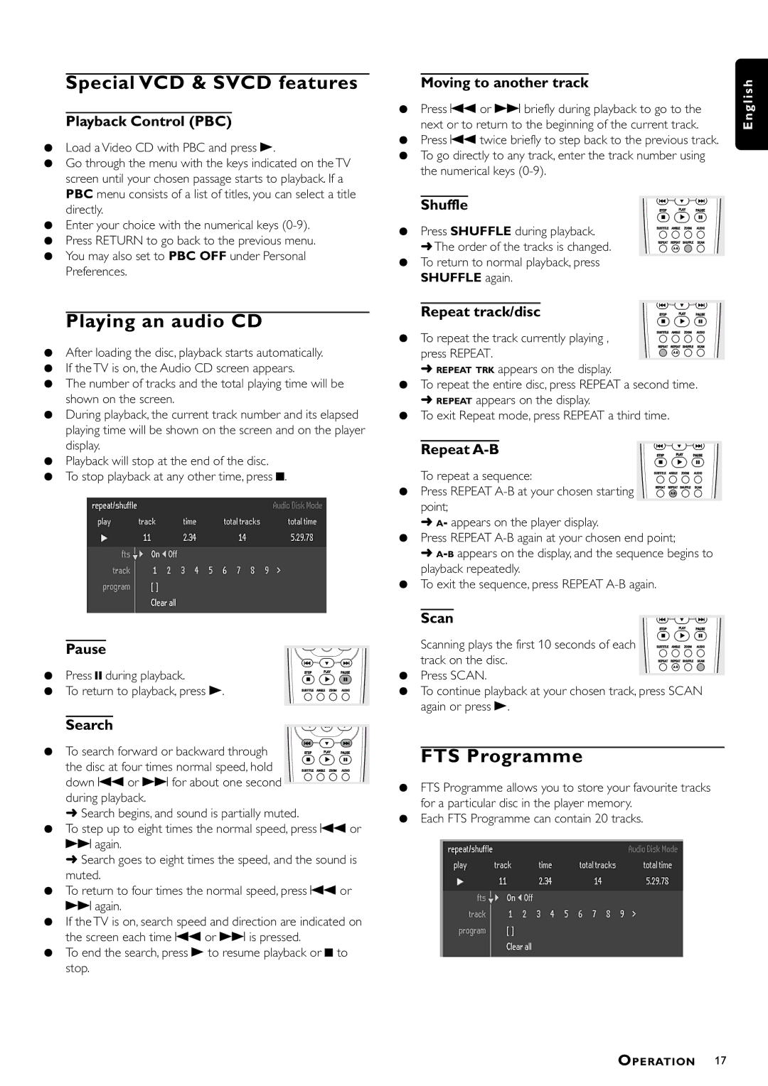 Philips DVD-612/022 manual Special VCD & Svcd features, Playing an audio CD, FTS Programme 