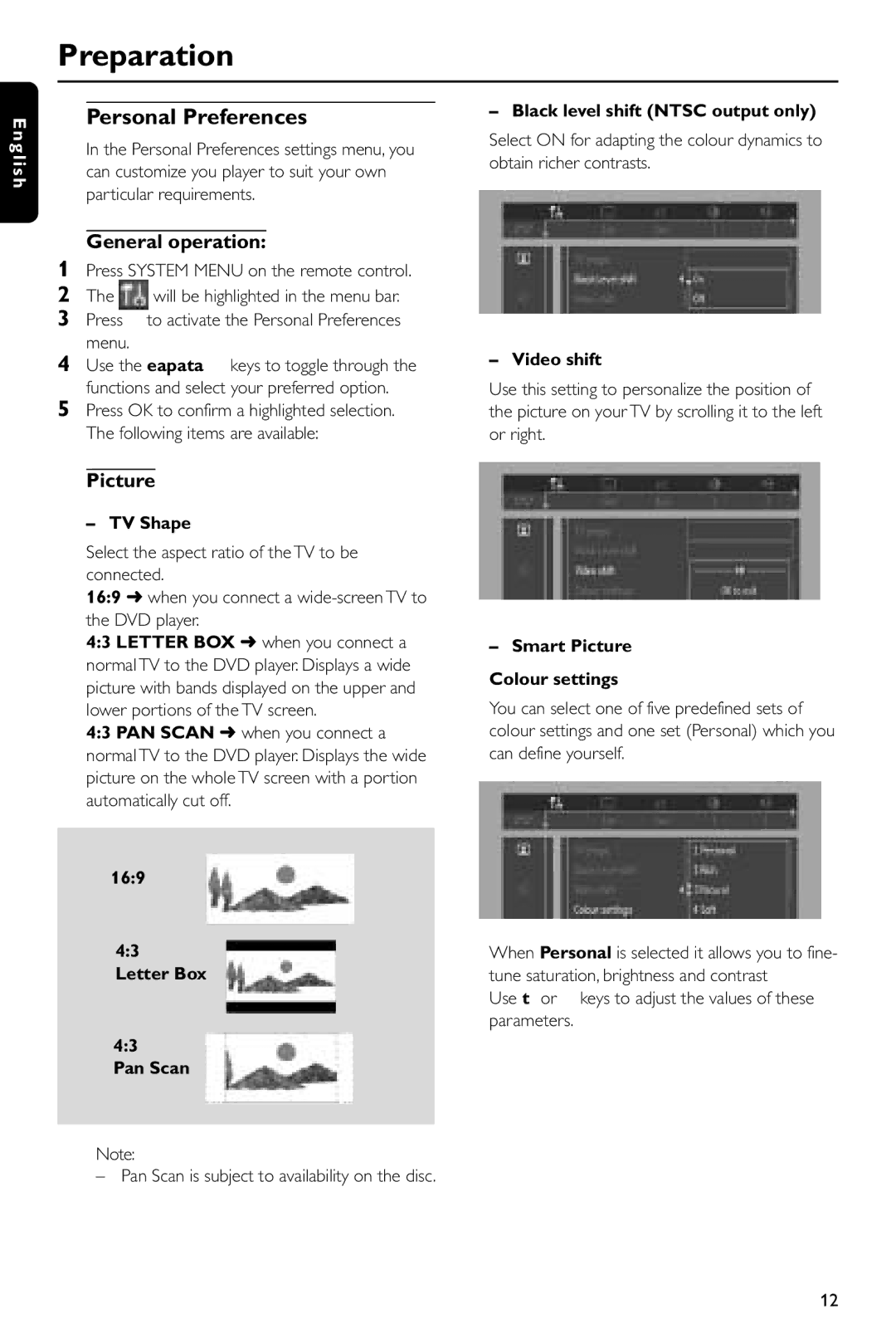 Philips DVD 620/001 manual Personal Preferences, General operation, Picture 