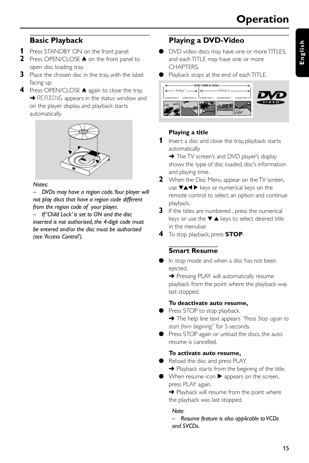 Philips DVD 620/001 manual Operation, Basic Playback, Playing a DVD-Video, Smart Resume 