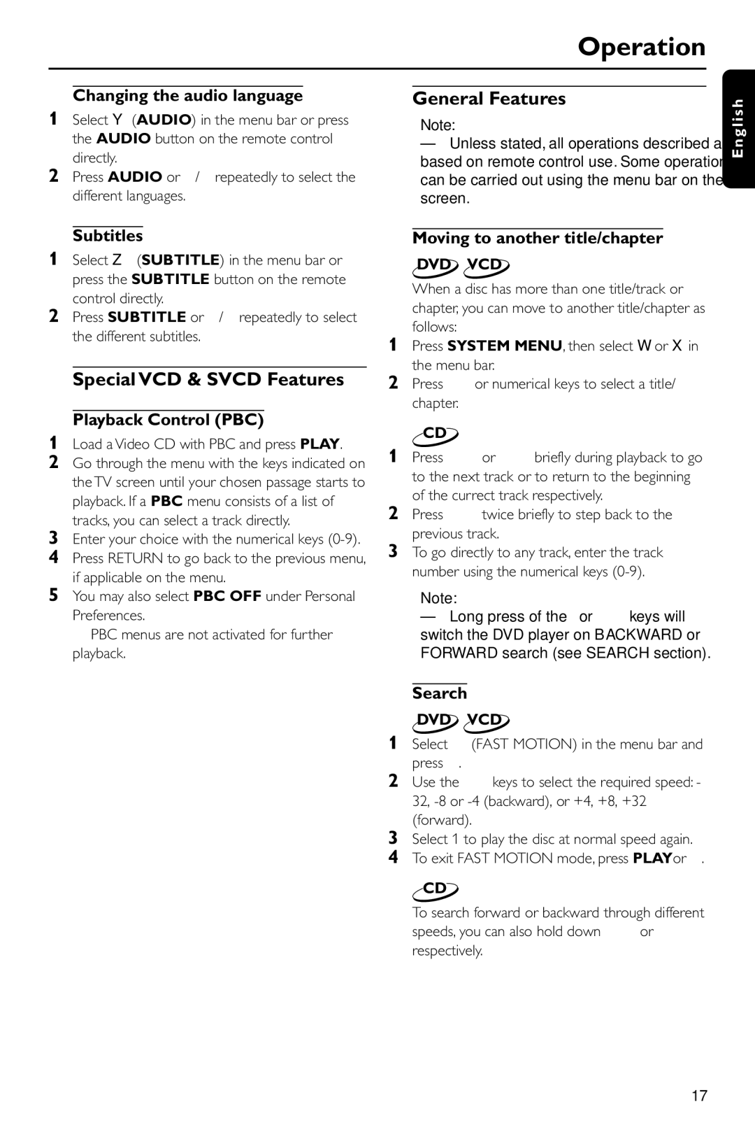 Philips DVD 620/001 manual General Features, Special VCD & Svcd Features 