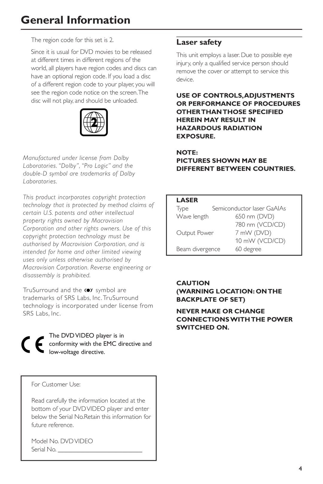 Philips DVD 620/001 manual General Information, Laser safety, Pictures Shown MAY be Different Between Countries Laser 