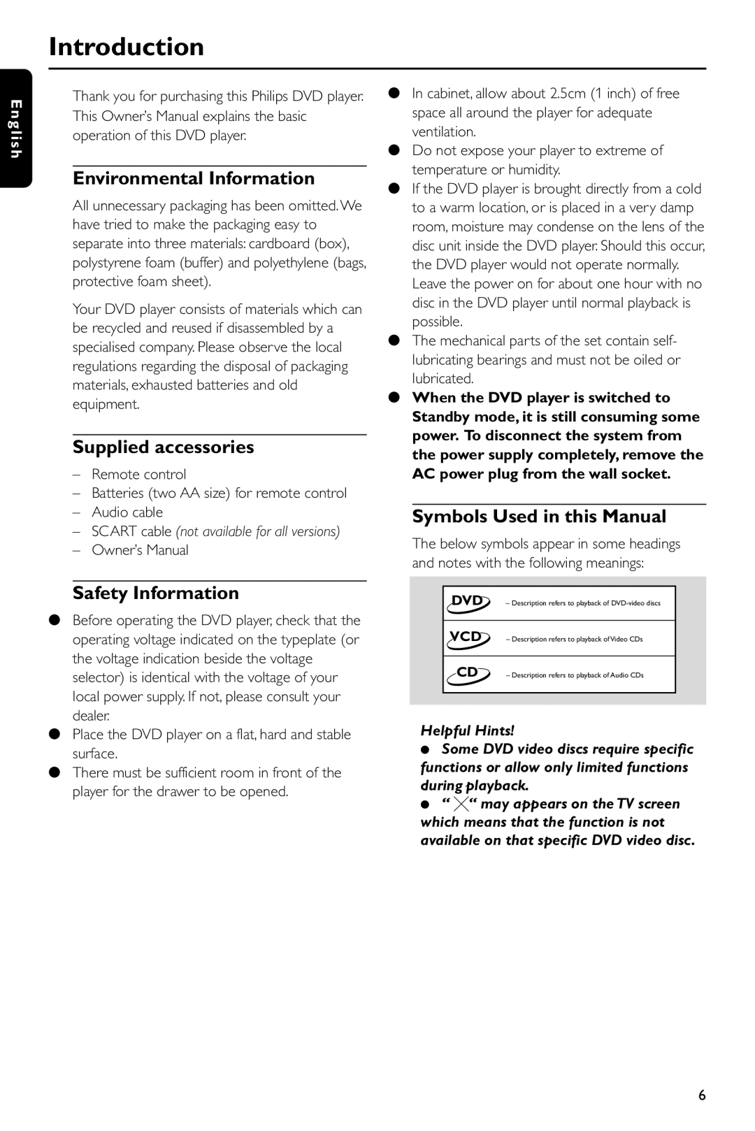 Philips DVD 620/001 manual Introduction, Environmental Information, Supplied accessories, Safety Information 