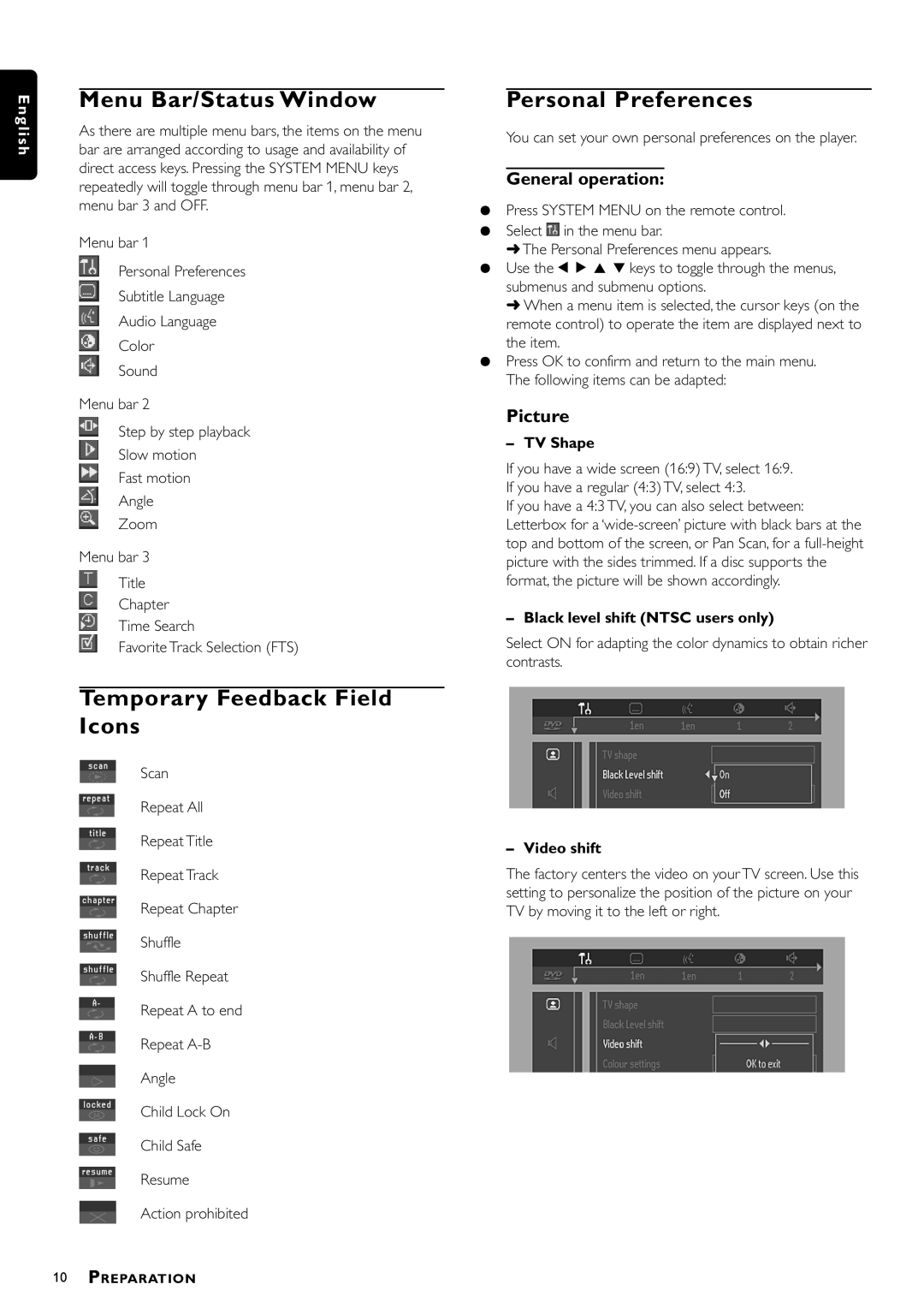 Philips DVD-703 manual Menu Bar/Status Window, Temporary Feedback Field Icons, Personal Preferences, General operation 