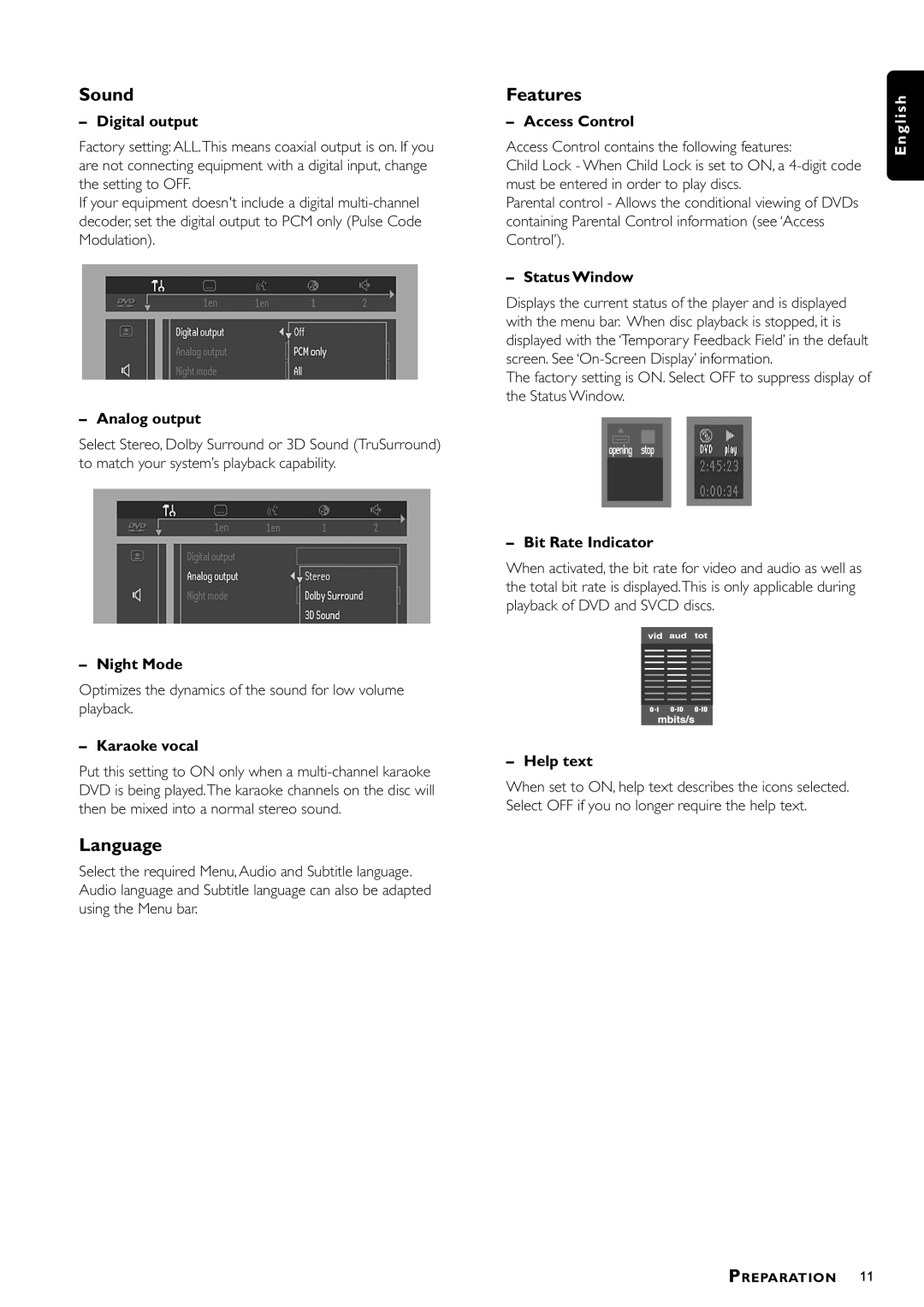 Philips DVD-703 manual Digital output, Analog output, Night Mode, Karaoke vocal, Access Control, Status Window, Help text 