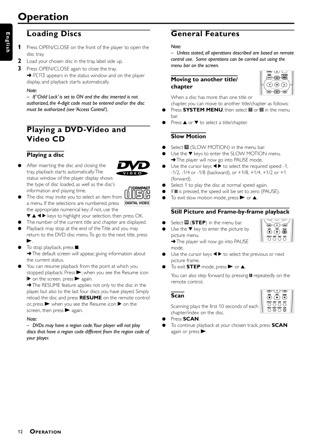 Philips DVD-703 manual Operation, Loading Discs, General Features, Playing a DVD-Video Video CD 