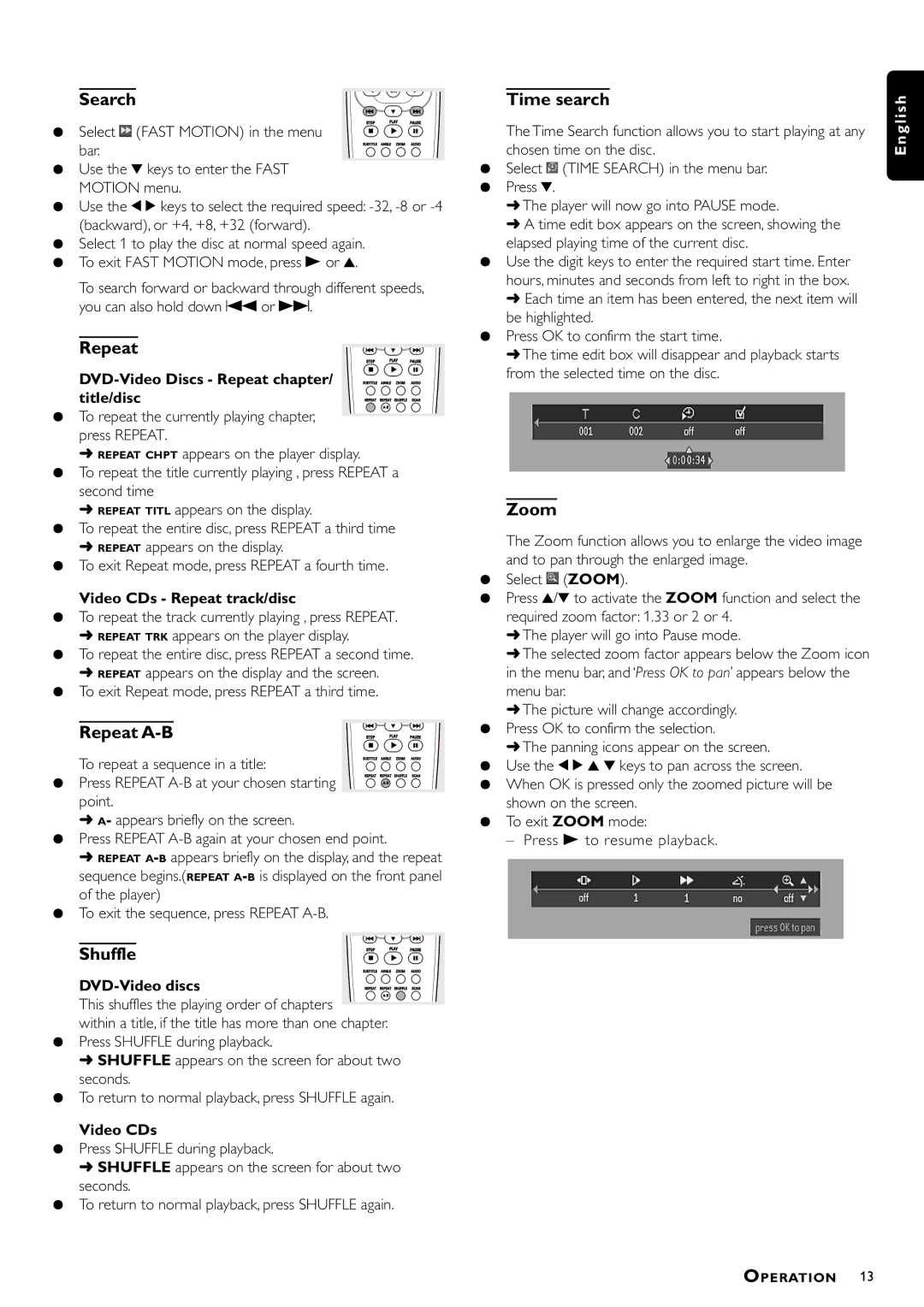 Philips DVD-703 manual Search, Repeat A-B, Shuffle, Zoom 