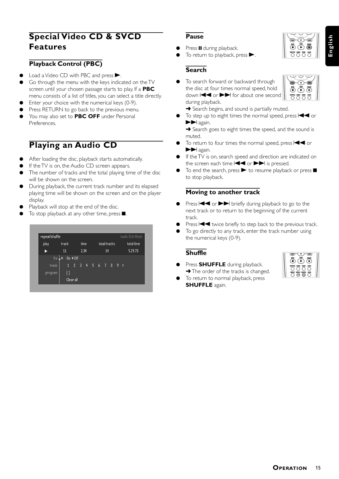 Philips DVD-703 manual Special Video CD & Svcd Features, Playing an Audio CD, Playback Control PBC, Pause 