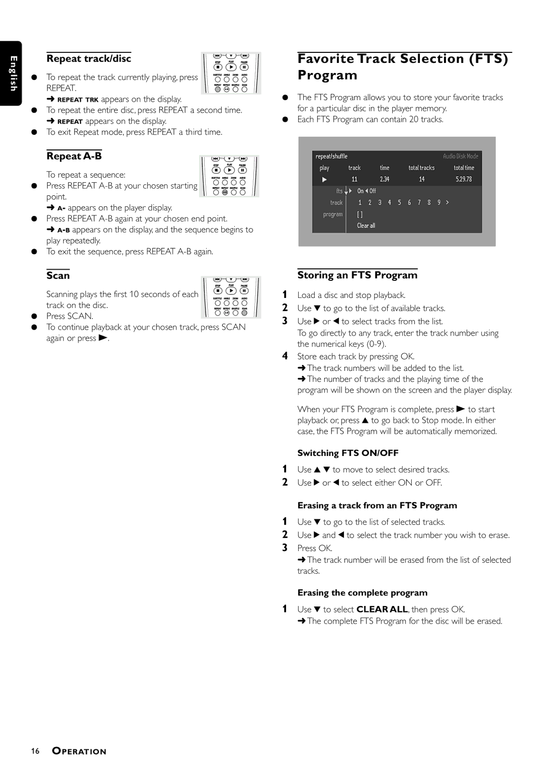 Philips DVD-703 manual Favorite Track Selection FTS Program, Repeat track/disc, Storing an FTS Program 