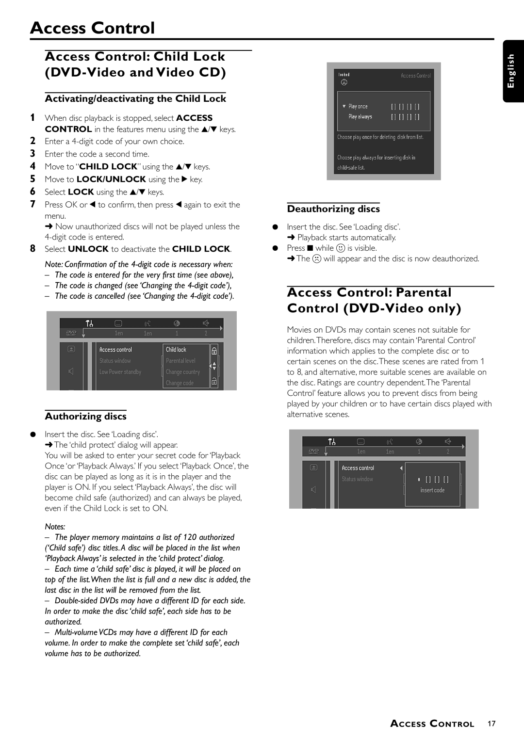 Philips DVD-703 manual Access Control Child Lock DVD-Video and Video CD, Access Control Parental Control DVD-Video only 