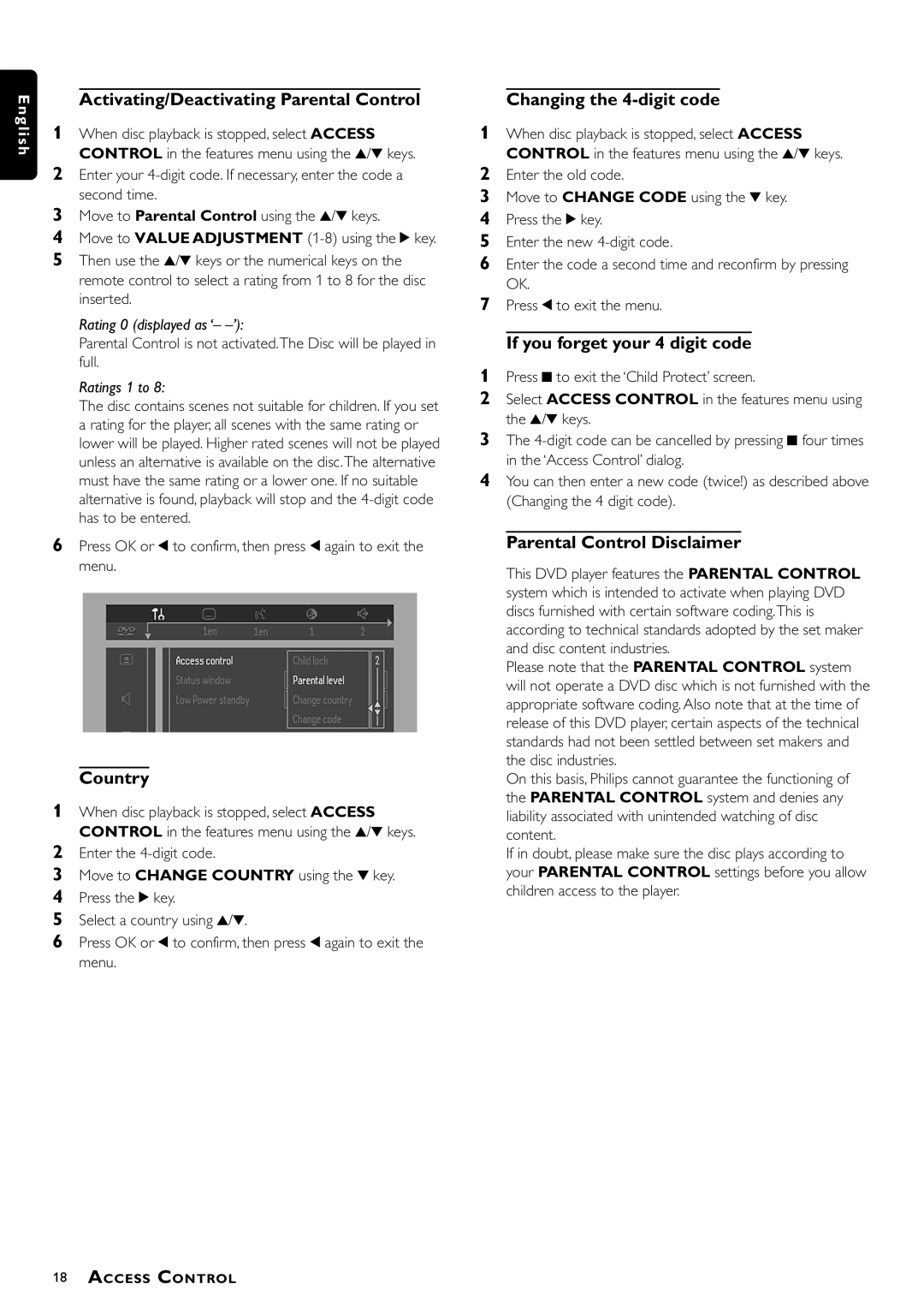 Philips DVD-703 Activating/Deactivating Parental Control, Country, Changing the 4-digit code, Parental Control Disclaimer 