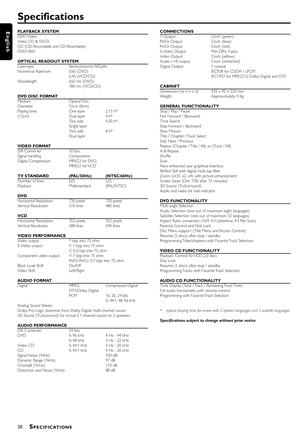 Philips DVD-703 manual Specifications, Optical Readout System 