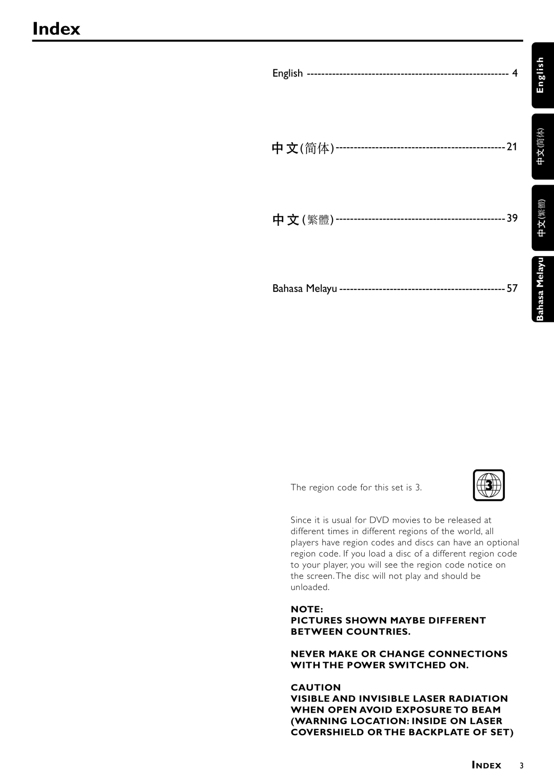 Philips DVD-703 manual Index, English 