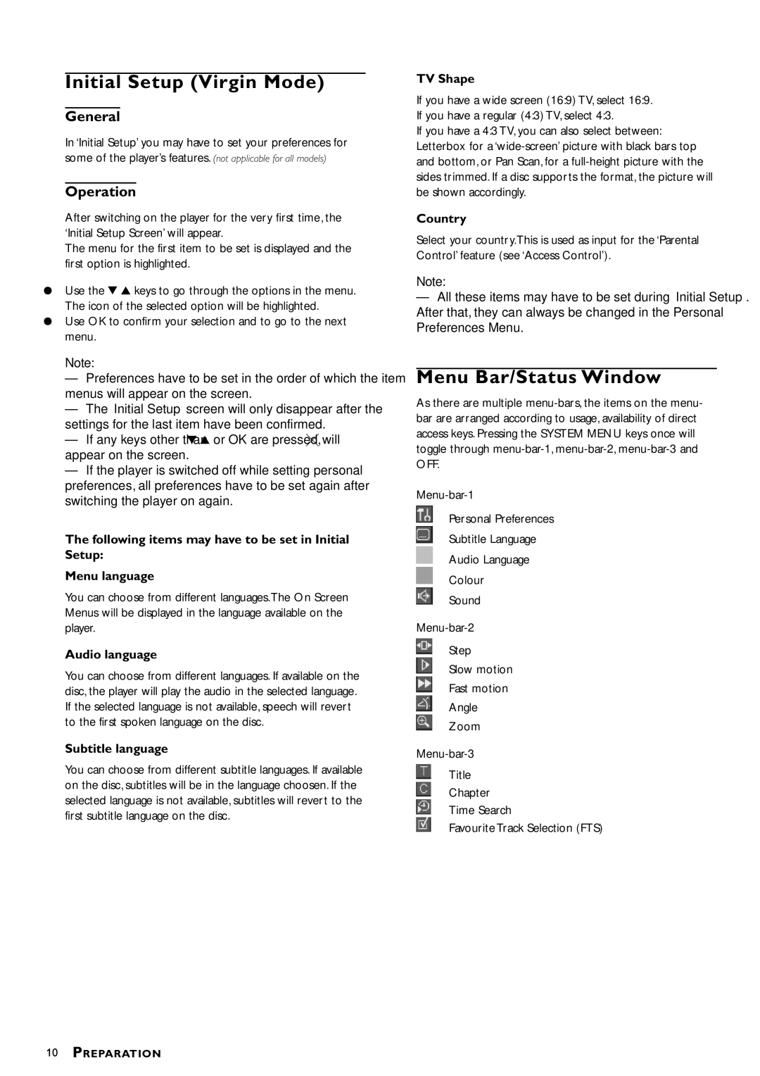 Philips DVD-722 manual Initial Setup Virgin Mode, Menu Bar/Status Window, General, Operation 