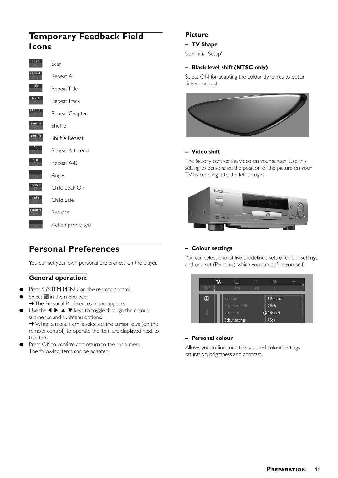 Philips DVD-722 manual Temporary Feedback Field Icons, Personal Preferences, General operation 