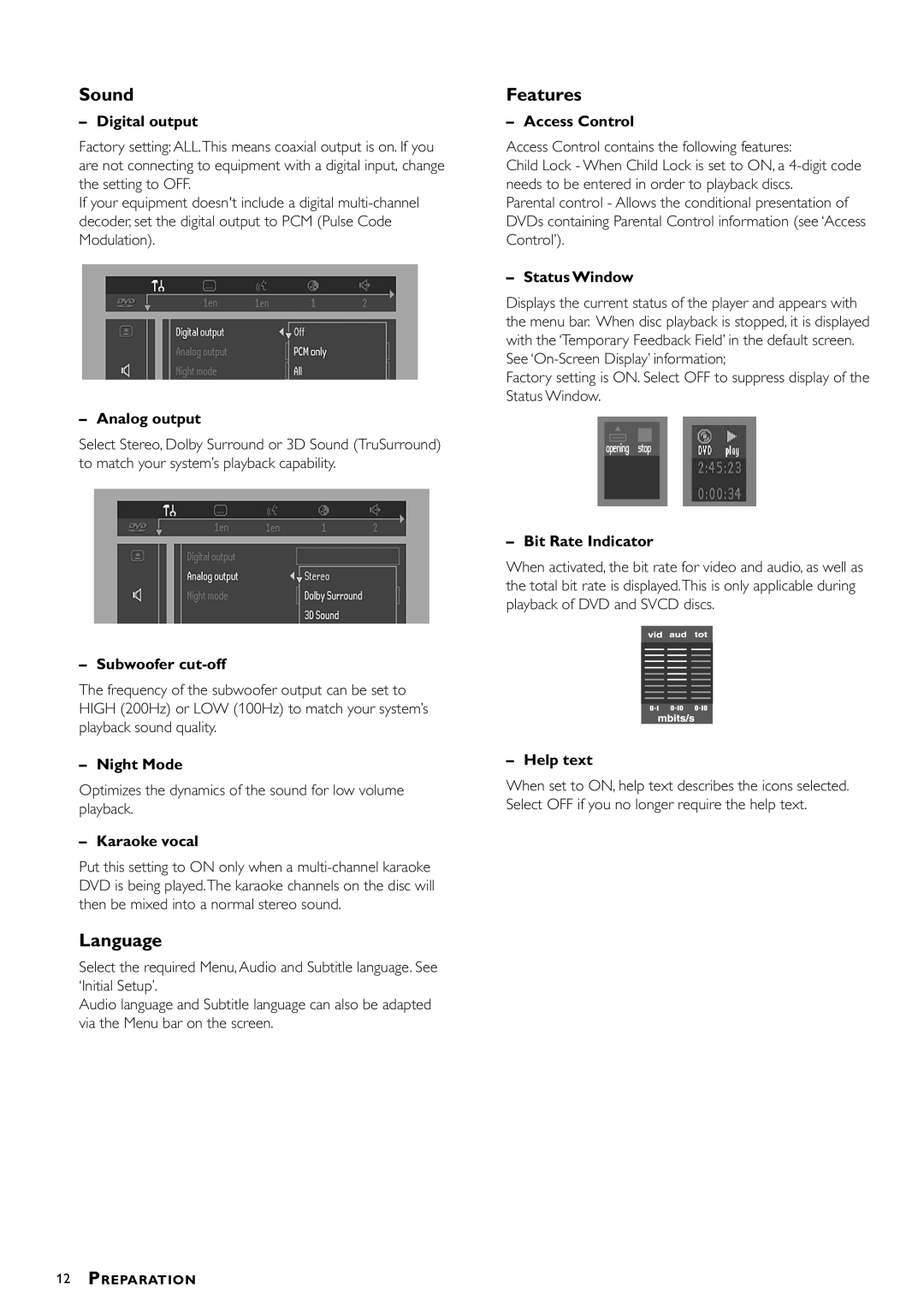 Philips DVD-722 Digital output, Analog output, Subwoofer cut-off, Night Mode, Karaoke vocal, Access Control, Status Window 