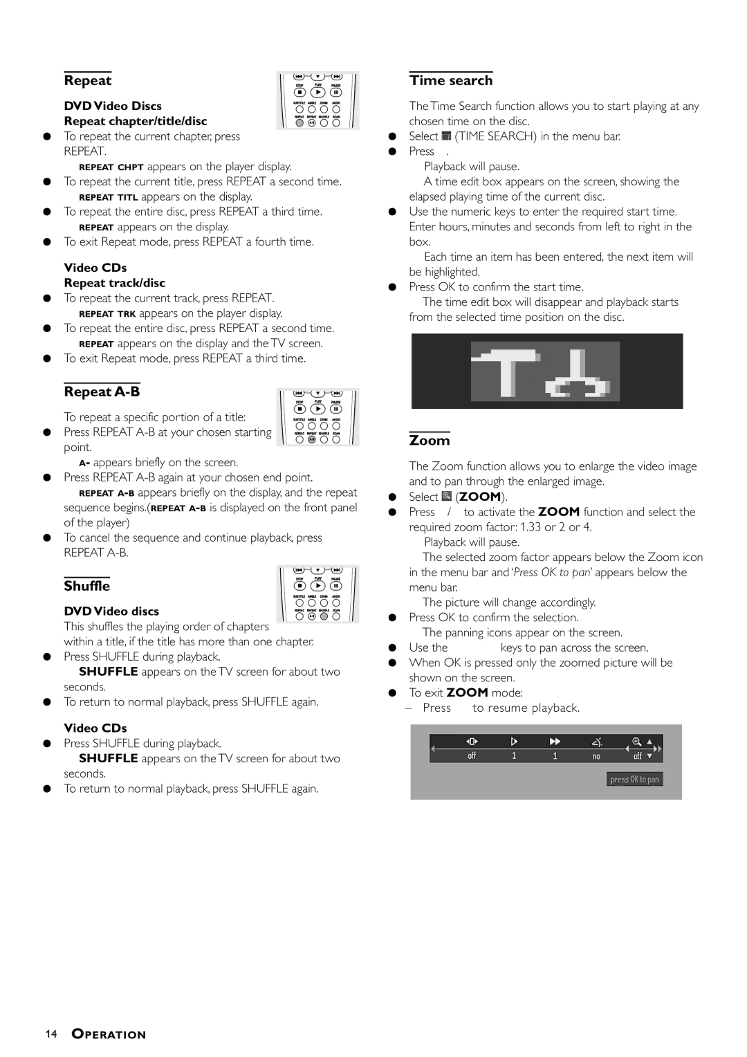 Philips DVD-722 manual Repeat A-B, Shuffle, Time search, Zoom 