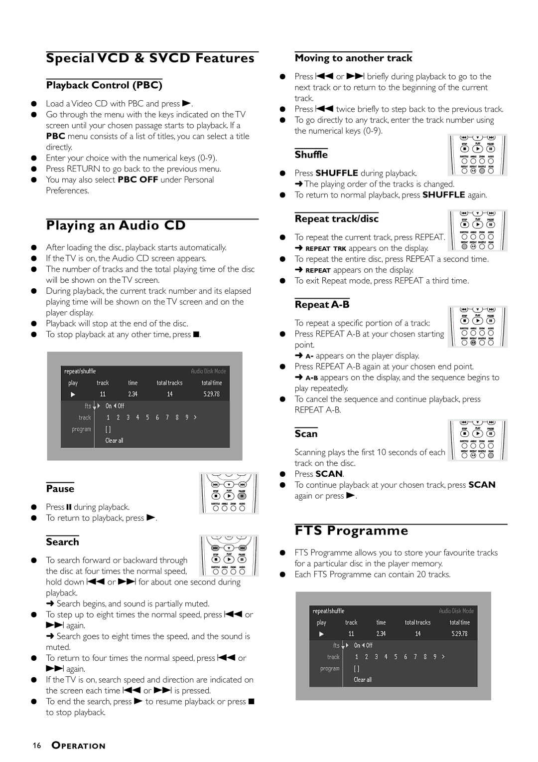 Philips DVD-722 manual Special VCD & Svcd Features, Playing an Audio CD, FTS Programme 