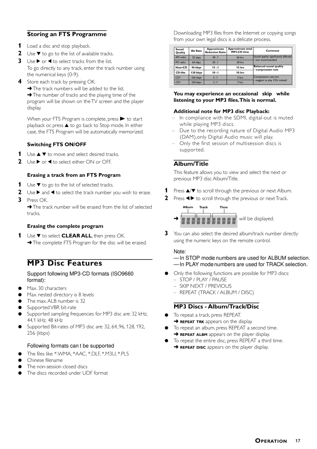 Philips DVD-722 manual MP3 Disc Features, Storing an FTS Programme, Album/Title, MP3 Discs Album/Track/Disc 